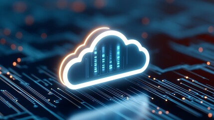 Futuristic Cloud Icon Graphic Overlaid on Abstract Data Circuitry Background for Technology Concept