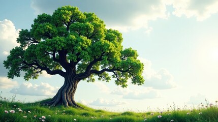 Fototapeta premium Serene Springtime Landscape Featuring a Majestic Ancient Tree with Lush Green Foliage on a Gently Rolling Meadow Abundant with Wildflowers Under a Softly Lit Sky
