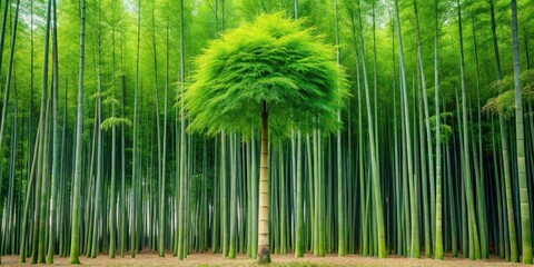 Fototapeta premium Lush Green Canopy of a Single Tree Rising Amidst a Dense Bamboo Forest