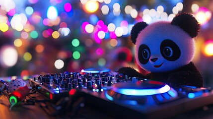 Adorable Panda DJing at a Festive Night Club Party