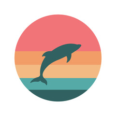 Dolphin Silhouette Jumping on the Ocean Surface with Colorful Circle in the Sky