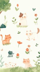 Naklejka premium Adorable Watercolor Cats Playing in a Sunny Garden Meadow