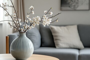 Blooming branches in vase on wooden table, cozy living room background.