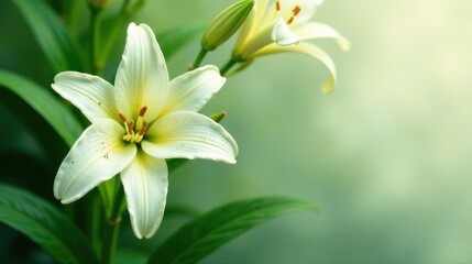 Fototapeta premium Delicate Cream Lilies in Soft Focus, Gracefully Blooming Amongst Lush Green Foliage, a Symbol of Purity and Elegance