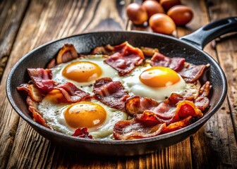 Crispy Bacon and Eggs Breakfast in Rustic Pan - Stock Photo
