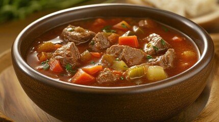 Delicious beef soup close up photography