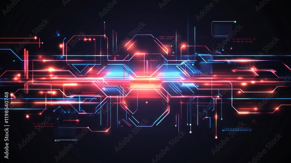 Poster abstract technological network: glowing circuits and data streams