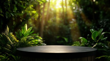 Dark Round Wooden Table in Lush Tropical Jungle Setting