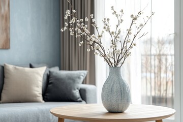 Blue vase with white blossoms on wooden coffee table in living room.