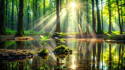 Serene Forest Sunrise Two Young Saplings Emerging on a Mossy Island in a Tranquil Pond Reflected in Still Water, Bathed in Golden Sunlight Beams