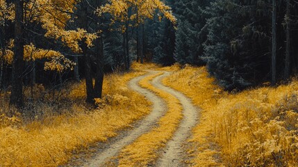 Obraz premium Winding Autumn Forest Path Golden Grass Serene Nature Scene