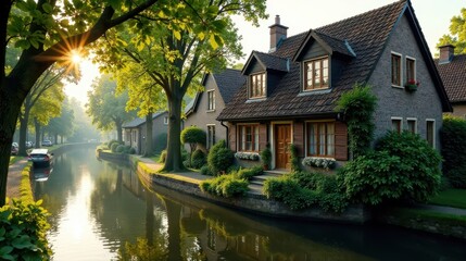 Naklejka premium Serene Canal-Side Homes at Sunrise Picturesque architecture, lush greenery, and tranquil waters create a charming, idyllic neighborhood scene, bathed in the warm glow of the morning sun.