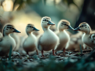 A group of ducklings exploring the garden