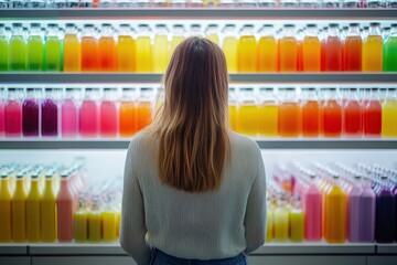 Woman Choosing Colorful Drinks: A Refreshing Selection of Bottled Beverages in a Variety of Vibrant Hues, Appealing to the Eye and Tempting the Taste Buds.