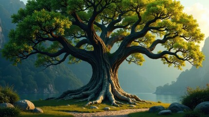 Fototapeta premium Ancient Majestic Tree by Serene Waters, Its Mighty Branches Reaching Skyward, a Path Leading to Tranquil Shores