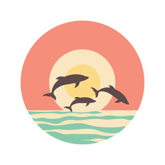 Dolphins Silhouette Jumping on the Ocean Surface with Sun Circle at Sunset Sunrise