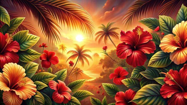 Vibrant Hibiscus Blossoms Frame a Tropical Sunset Landscape Featuring Lush Palm Trees and Tranquil Waters
