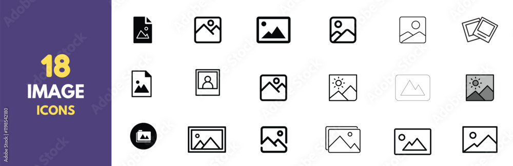 Poster A collection of 18 minimalist photo and image icons in black outline style. Perfect for user interfaces, websites, and app design. Features various representations of picture placeholders and gallery.