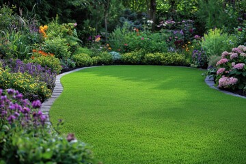 A bright and crisp close-up view of a perfectly manicured lawn, surrounded by lush greenery