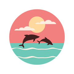 Dolphins Silhouette Jumping on the Ocean Surface with Sun Circle at Sunset Sunrise
