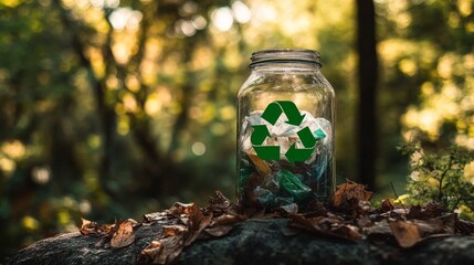 Fototapeta premium Serene recycling concept in forest: glass jar with green symbol, filled with garbage, surrounded by nature elements