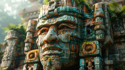 Ancient Mayan Stone Face Jungle Ruins 8K Texture Cultural Heritage
