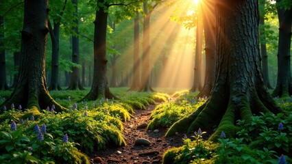 Sunbeams Illuminate a Mystical Forest Path, Creating an Enchanting Scene of Lush Greenery and Delicate Purple Blooms
