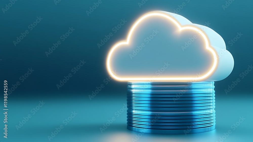 Poster modern cloud computing concept with bright cloud and stack of coins on a soft blue background
