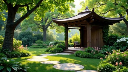 Obraz premium Serene Garden Pavilion A Tranquil Oasis of Lush Greenery and Stone Pathways