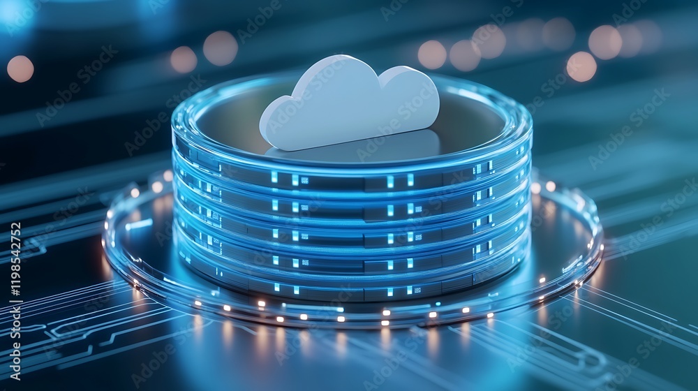 Poster modern cloud computing concept with digital data storage and blue circuit background for technology 