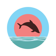 Dolphin Silhouette Jumping on the Ocean Surface with Sun Circle in Summer Bright Sky