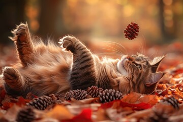 Obraz premium Energetic Norwegian Forest Cat frolicking among autumn scenery