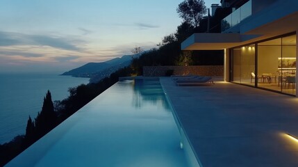 Obraz premium Luxury Villa with Infinity Pool and Stunning Ocean View at Sunset