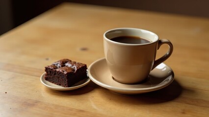 Fototapeta premium A comforting cup of coffee and a delicious chocolate brownie on a wooden table
