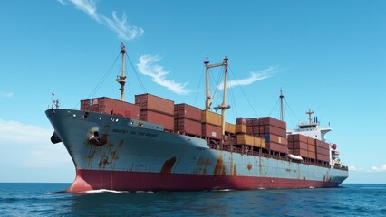 Fototapeta premium A majestic cargo vessel traverses the vast ocean, its hull brimming with neatly stacked shipping containers, gliding toward the horizon to the left. 
