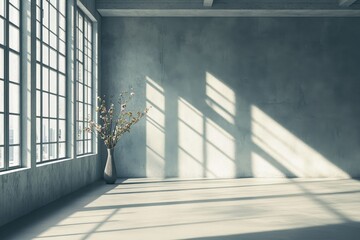 Sunlit industrial loft interior with vase and flowers.