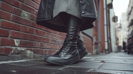 Stylish black boots worn by a person on a cobblestone street with brick walls in the background