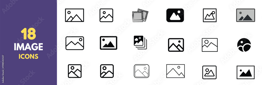 Poster A collection of 18 minimalist photo and image icons in black outline style. Perfect for user interfaces, websites, and app design. Features various representations of picture placeholders and gallery.