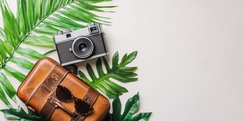 Tropical vacation essentials camera, sunglasses, and leather bag on white background.