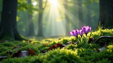 Serene sunrise illuminates vibrant purple blossoms nestled amongst lush green moss in a tranquil forest setting