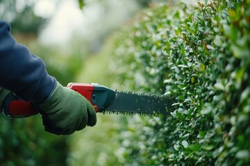 Obraz premium A gardener wearing gloves uses an electric hedge trimmer to shape a neatly trimmed