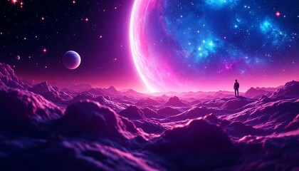 Obraz premium Cosmic Solitude: A lone figure contemplates the grandeur of a vibrant alien planet, bathed in the purple and blue hues of a nebula, under a sky scattered with stars.