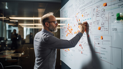 Programmer team sketching ideas on white board planing algorithms and flowcharts, Clean modern office.