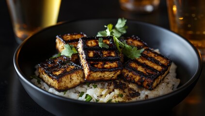 Grilled tofu cubes served over white rice, garnished with cilantro in a black bowl.