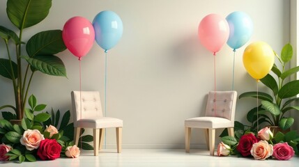Pastel Balloons and Upholstered Chairs in a Room with Plants and Roses