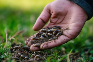 Obraz premium A hand holding soil with visible small pests or larvae on a patch of grass