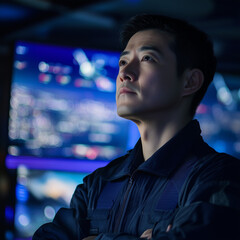 Technical engineer monitoring surveillance system from CCTV to track any hostile aircrafts, working in federal reconnaissance division bureau to ensure national safety. Big screen and high tech
