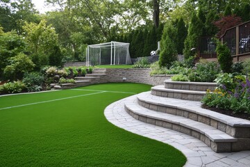 A large landscaped garden with lush green grass a curved brick pathway