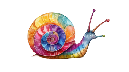 A cartoon style snail with a colorful, isolated on white background
