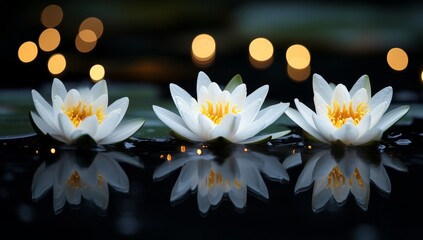 Three white water lilies reflecting in calm water at night with bokeh lights.